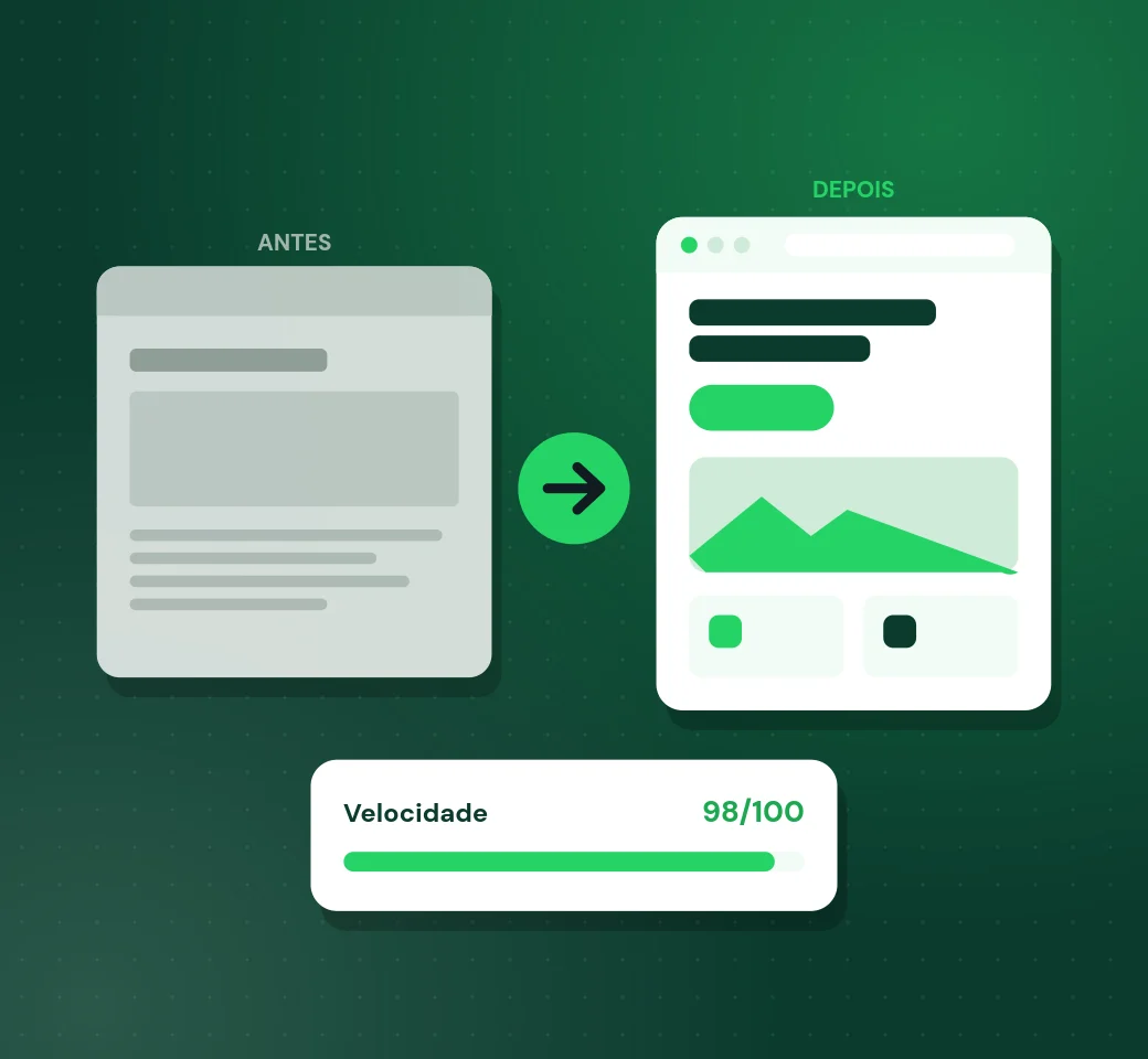 Redesign de website: antes e depois, com velocidade de 98 em 100